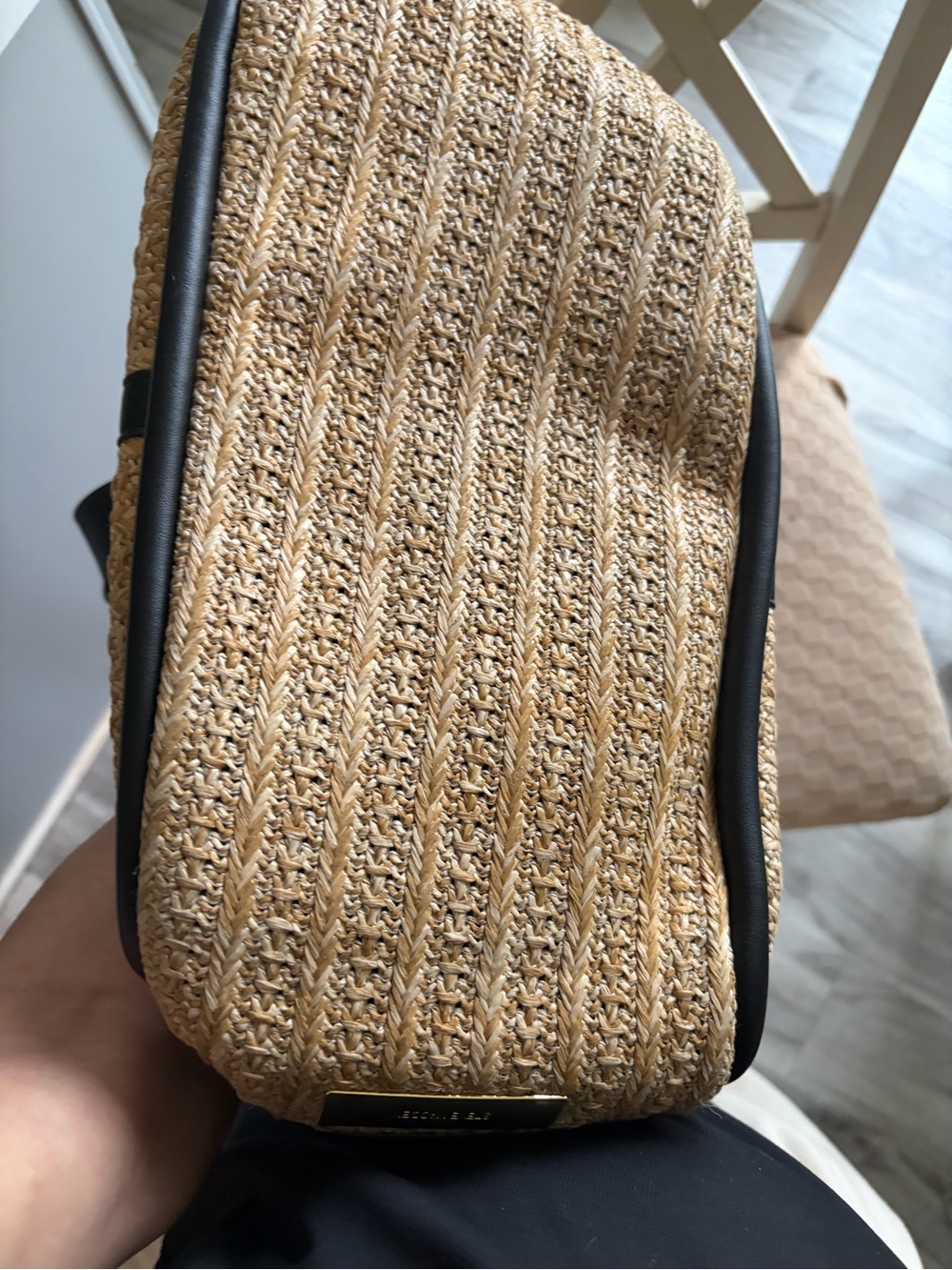 Woven Straw Crossbody Bag with Black Trim - Natural